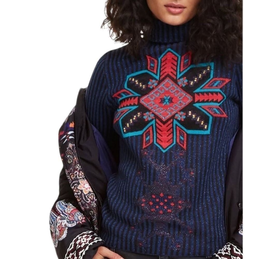 Desigual Snowflake Turtleneck Sweater Dark Blue Black Turquoise Rhinestone XS